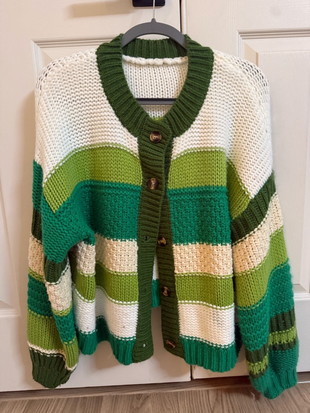 Chunky Striped Button-Front Cardigan Sweater - Green/White